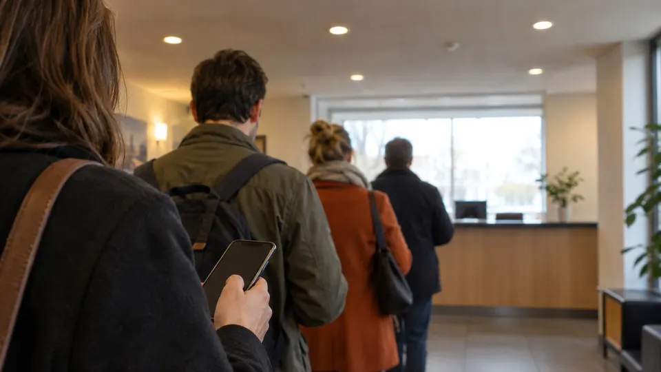 Une file d'attente vue de dos, dans la lumière chaude d'un hall d'accueil.