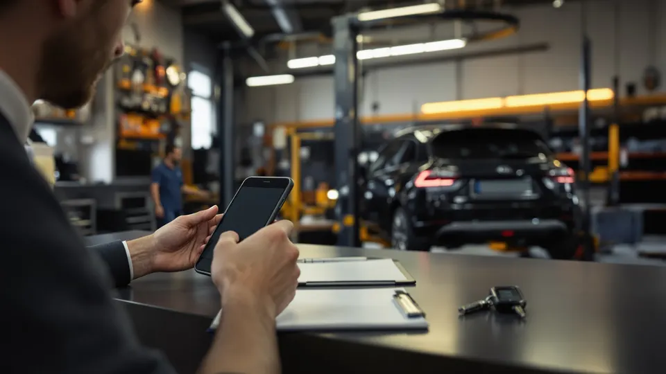 Atelier automobile, véhicule sur le pont, comptoir de dépôt.