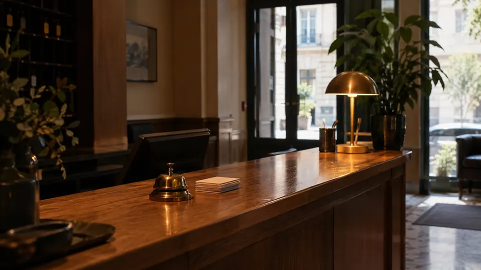 Réception d'hôtel en bois clair, lumière du matin.