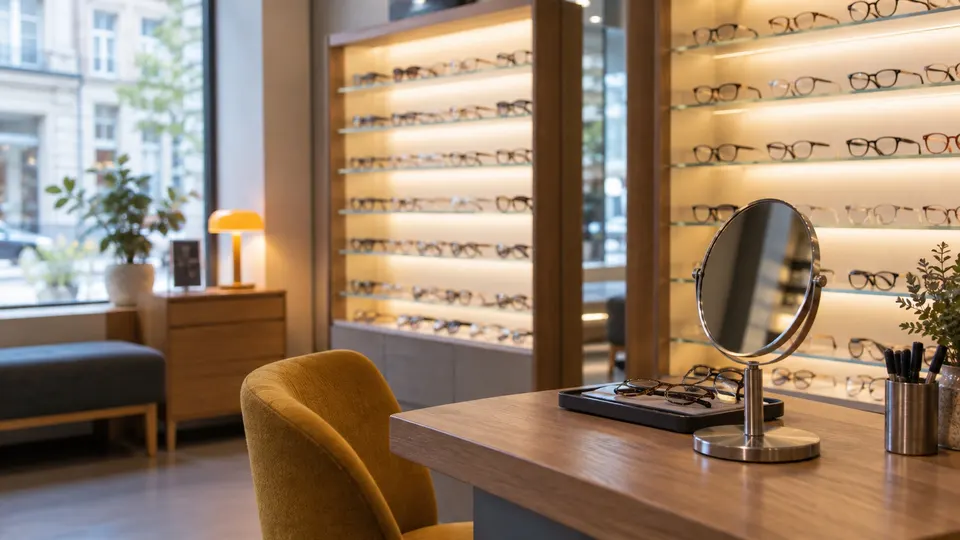 Boutique d'opticien, présentoirs de montures.
