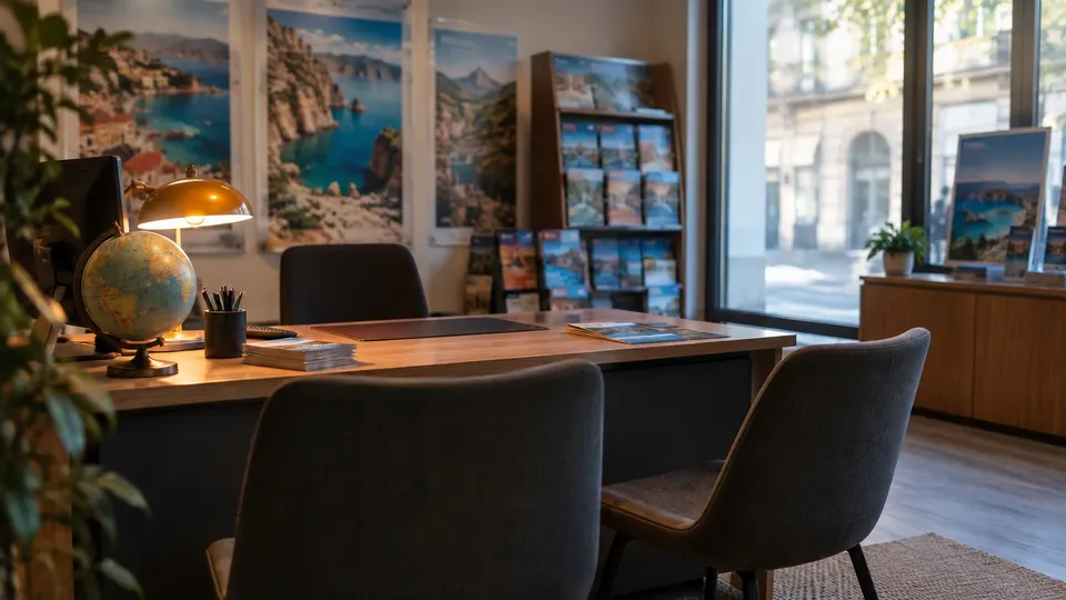 Agence de voyage, affiches et brochures de destinations.