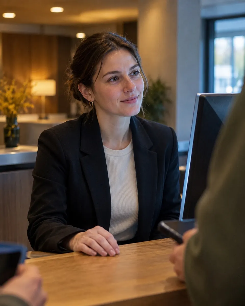 Une conseillère au comptoir, son écran de côté, accueille un client.