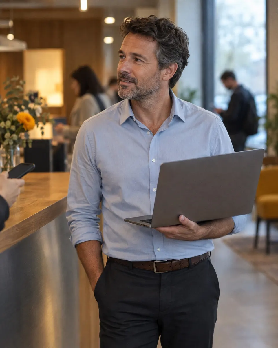 Un responsable debout dans son agence, ordinateur portable ouvert.